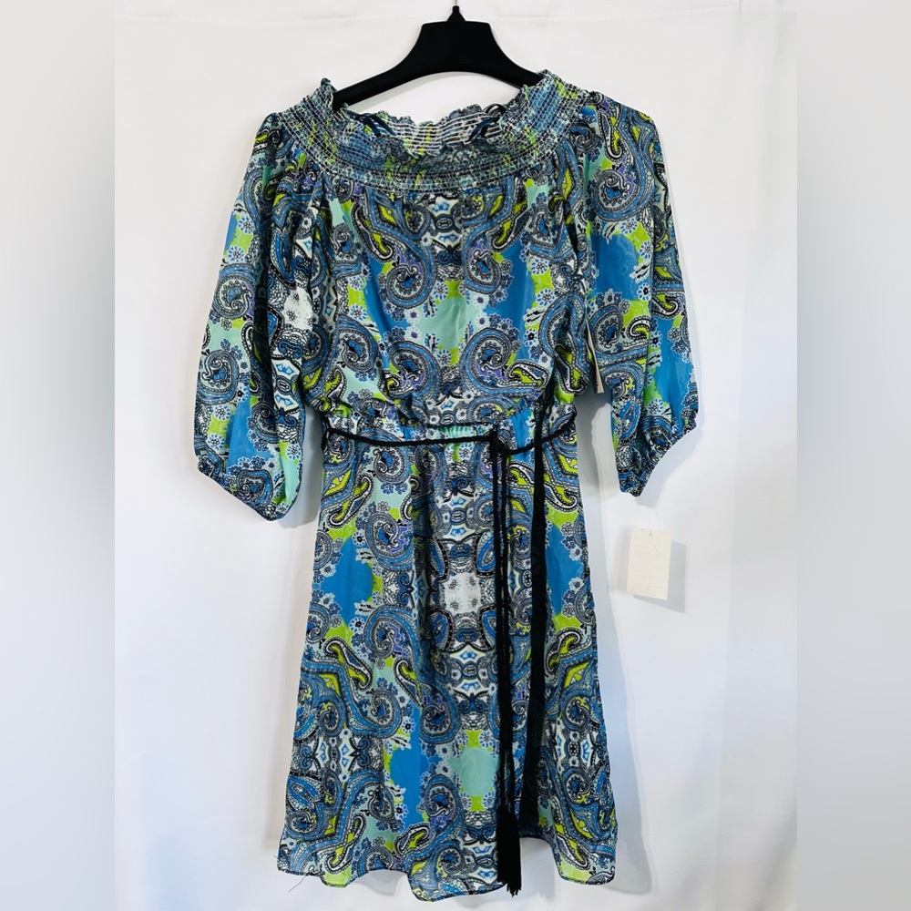 Eliza J Smocked Off-the-Shoulder Paisley Dress Sz 4 Knee Length